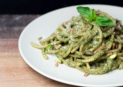 Crafting a Culinary Delight: Basil and Pine Nut Infused Olive Oil Pesto Pasta